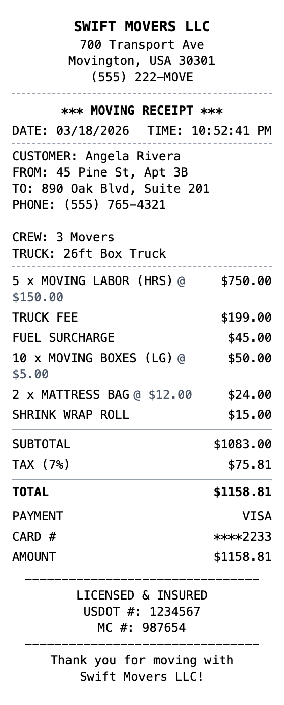 Moving Service Receipt receipt template preview