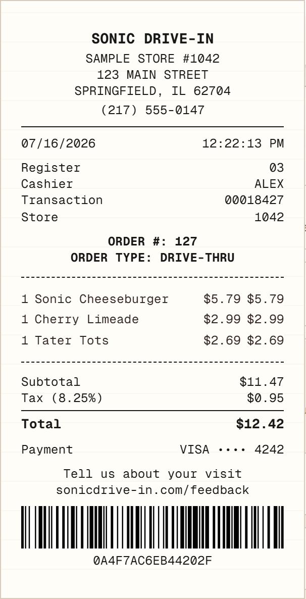 Sonic Drive-In Receipt receipt example preview