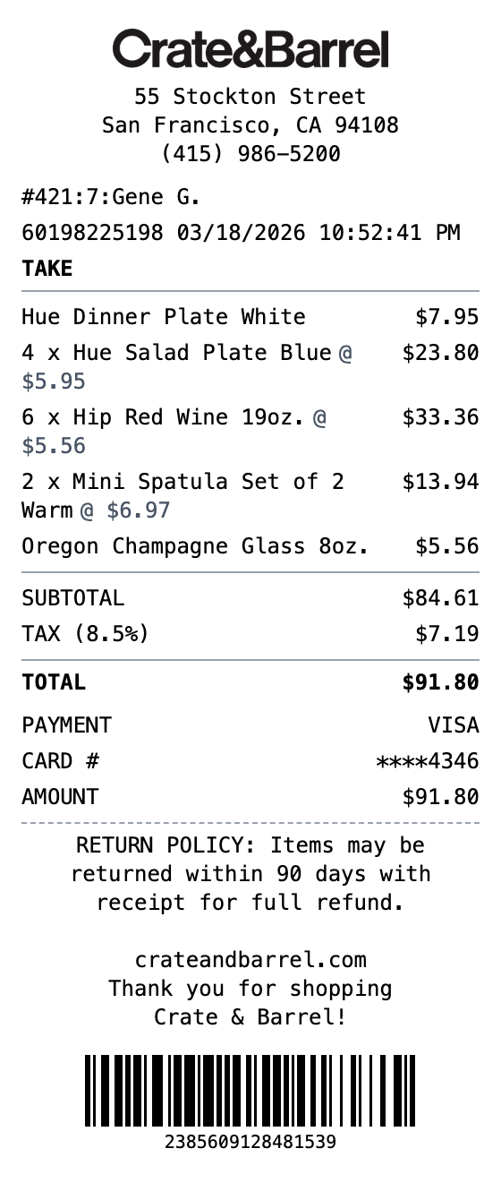 Crate & Barrel Receipt receipt template preview
