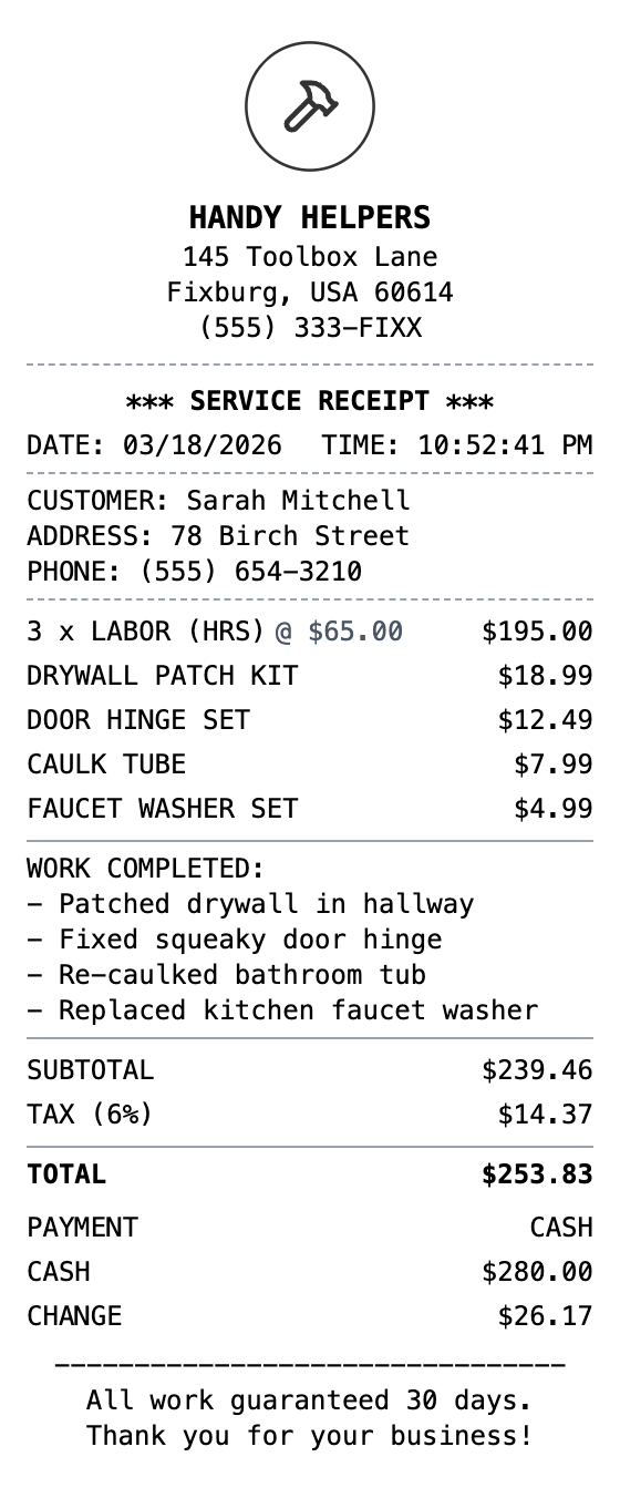 Handyman Receipt receipt template preview