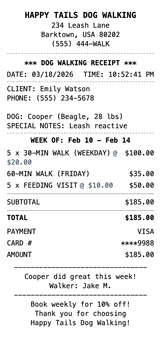 Dog Walking Receipt receipt template preview