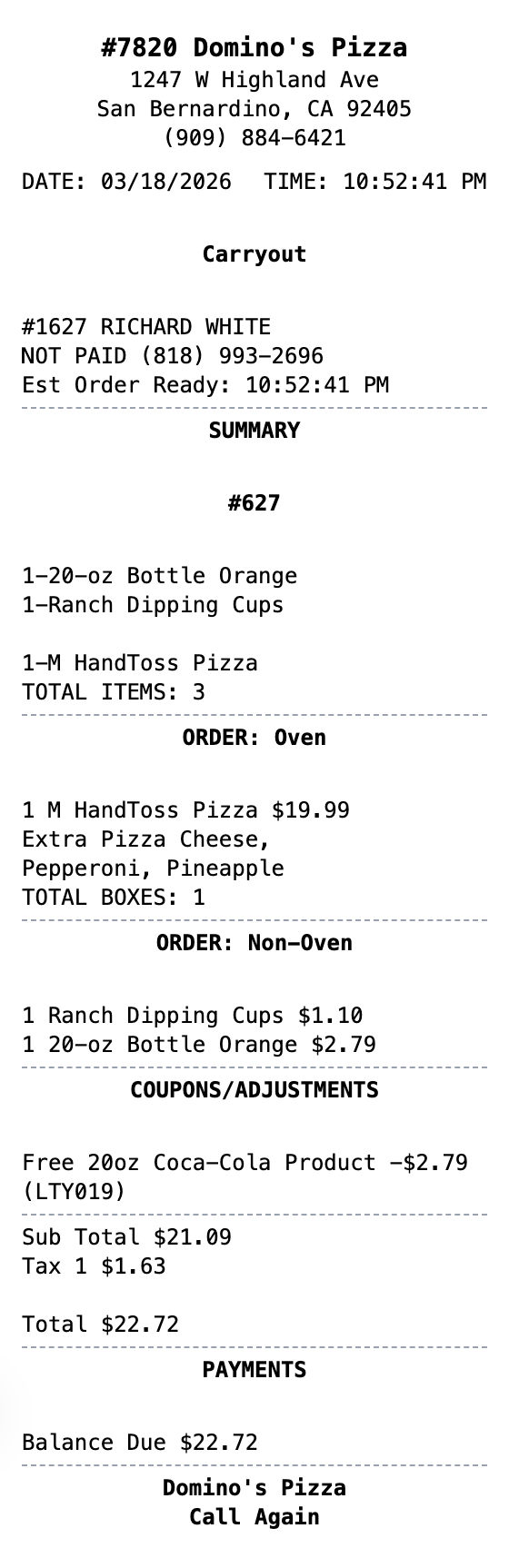 Domino's Receipt receipt template preview