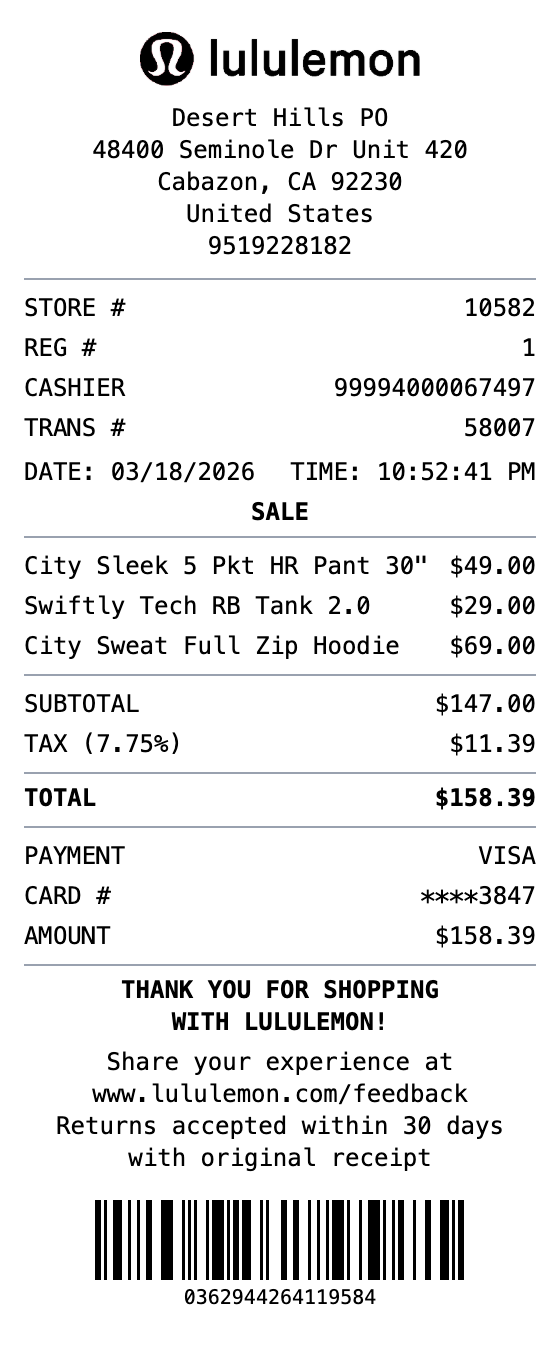 Lululemon Receipt receipt template preview