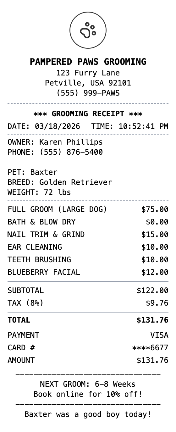 Pet Grooming Receipt receipt template preview