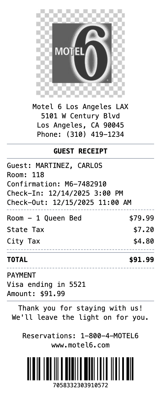 Motel 6 Receipt receipt template preview