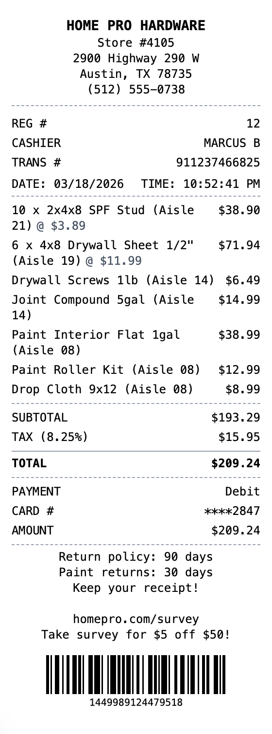 Home Improvement Receipt receipt template preview