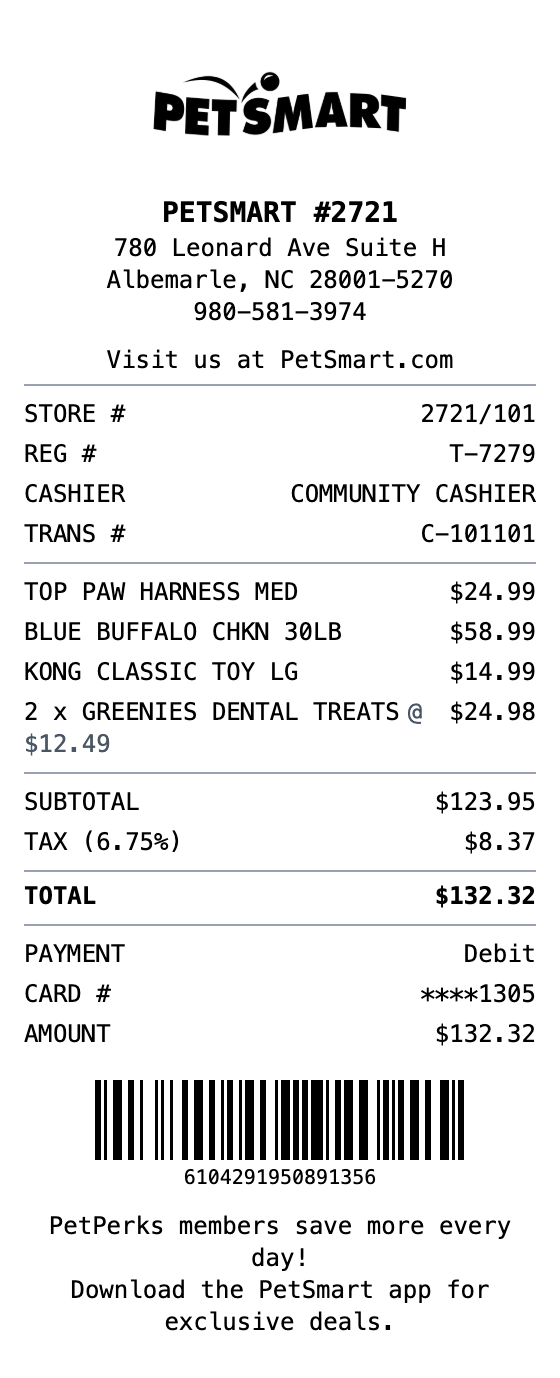 PetSmart Receipt receipt template preview