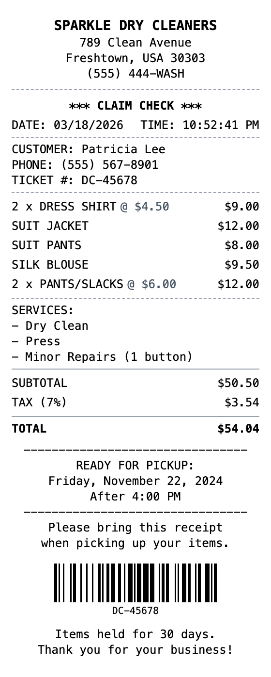 Laundry Receipt receipt template preview