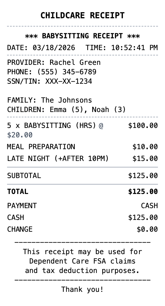 Babysitter Receipt receipt template preview