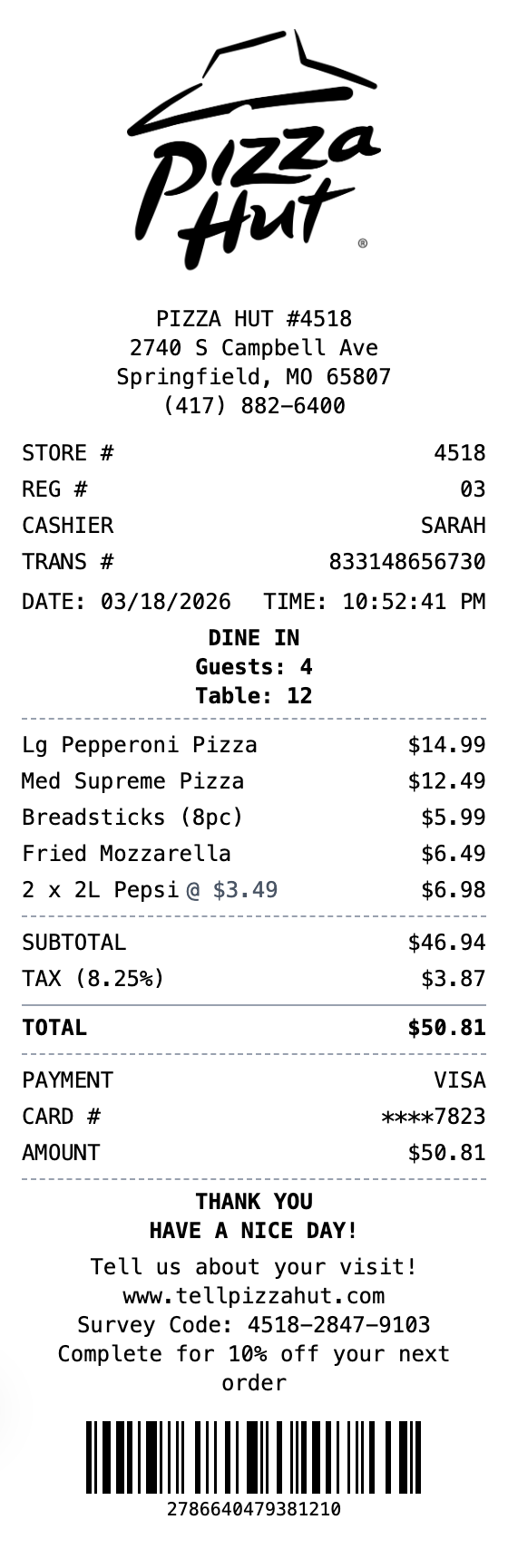 Pizza Hut Receipt receipt template preview