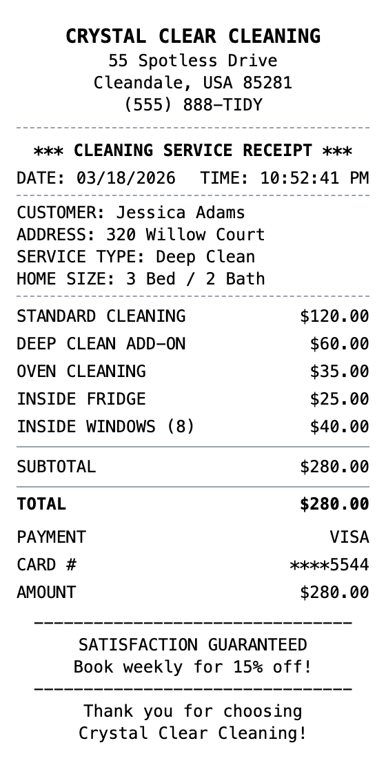 House Cleaning Receipt receipt template preview