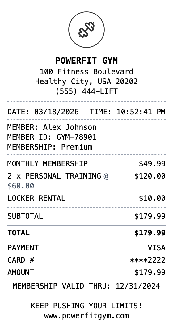 Gym Receipt receipt template preview
