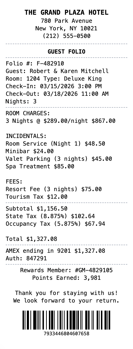 Hotel Stay Receipt receipt template preview