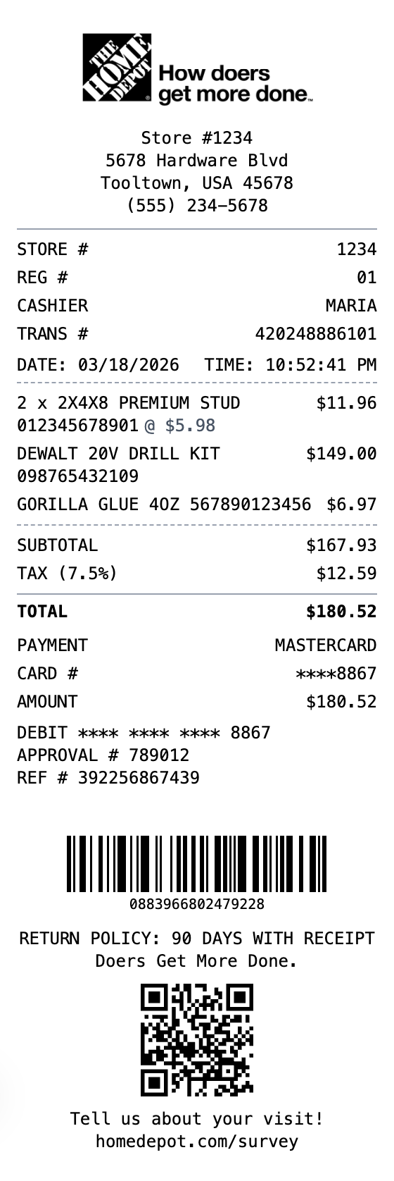 Home Depot Receipt receipt template preview