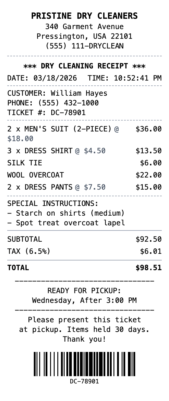 Dry Cleaning Receipt receipt template preview
