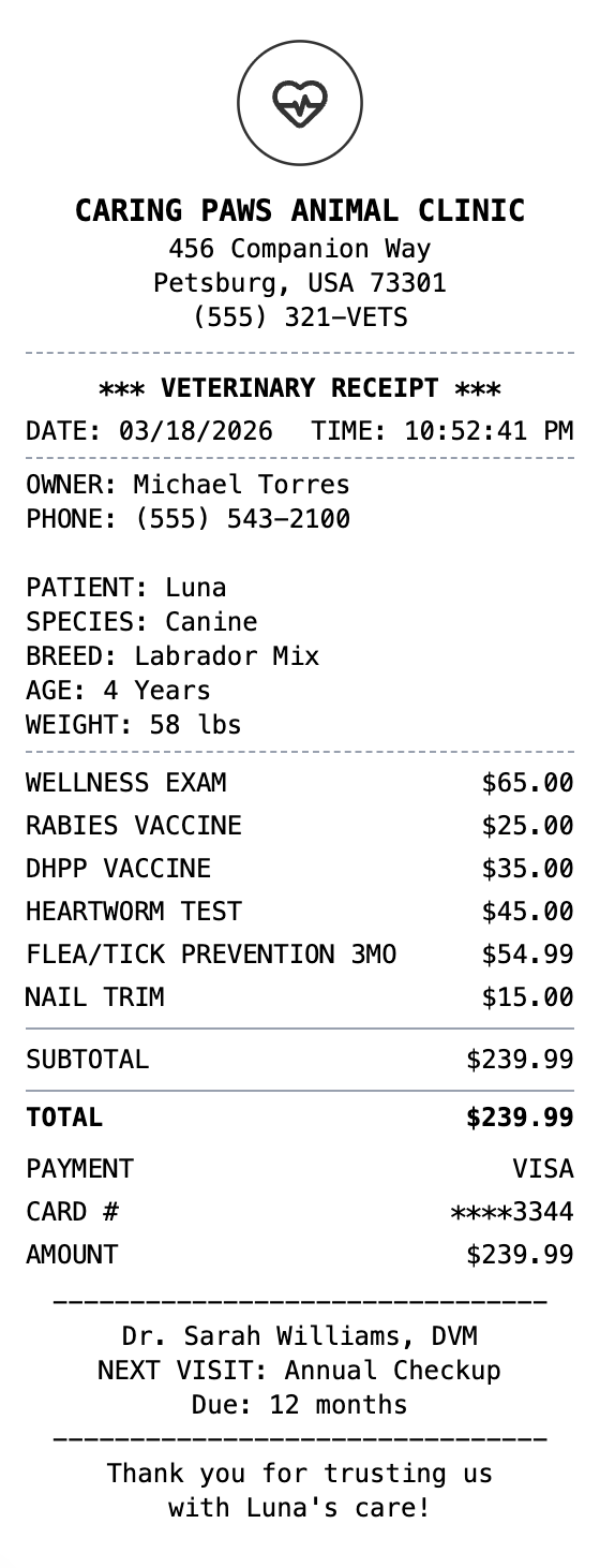 Veterinary Receipt receipt template preview
