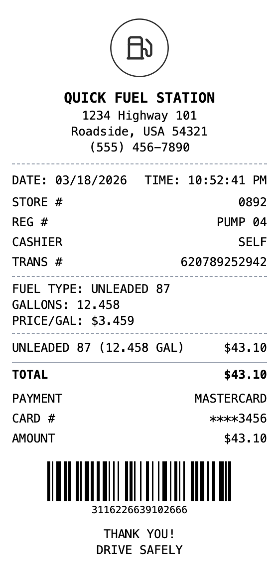 Gas Station Receipt receipt template preview