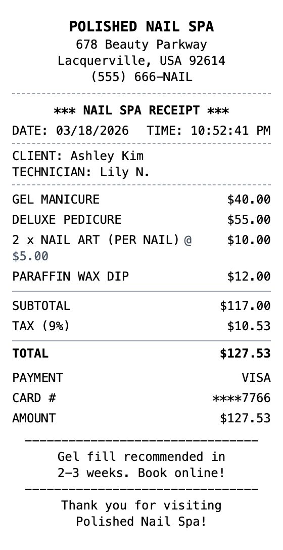Nail Salon Receipt receipt template preview