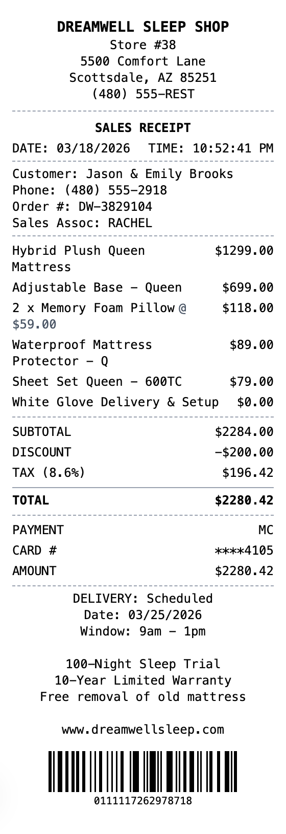 Mattress Receipt receipt template preview