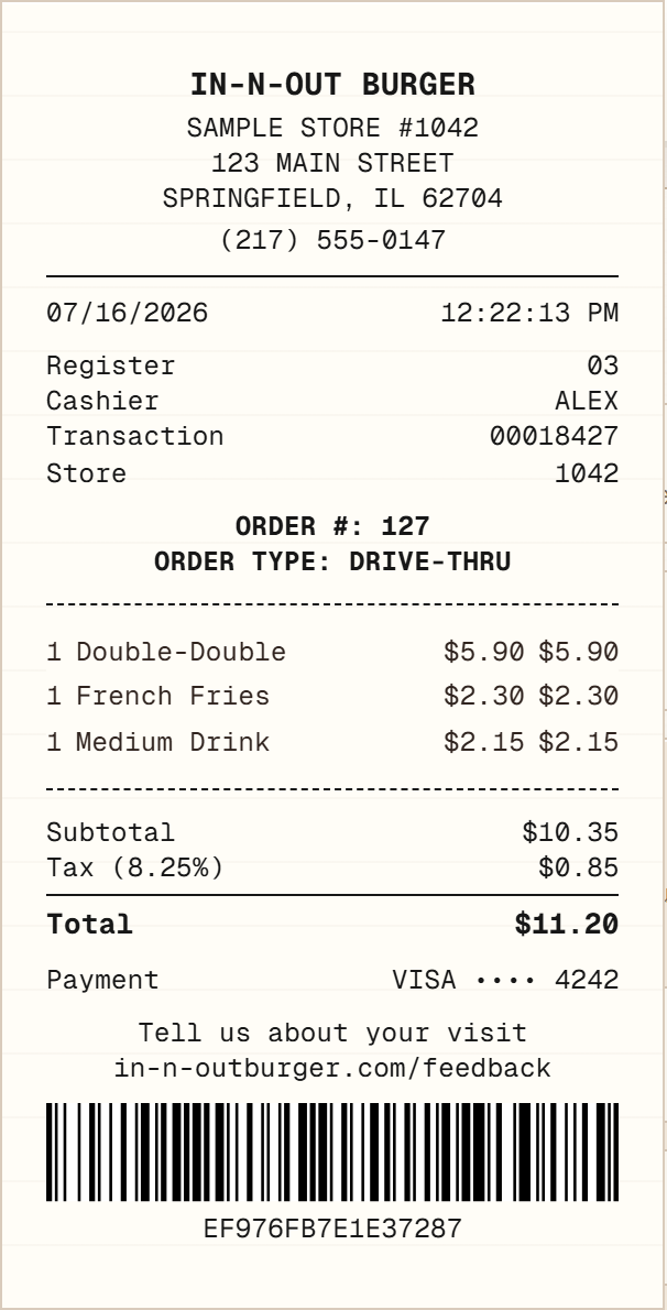In-N-Out Burger Receipt receipt example preview
