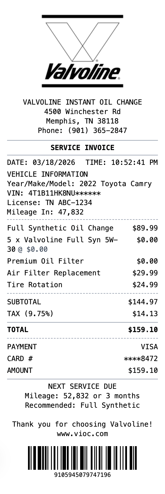 Valvoline Receipt receipt template preview