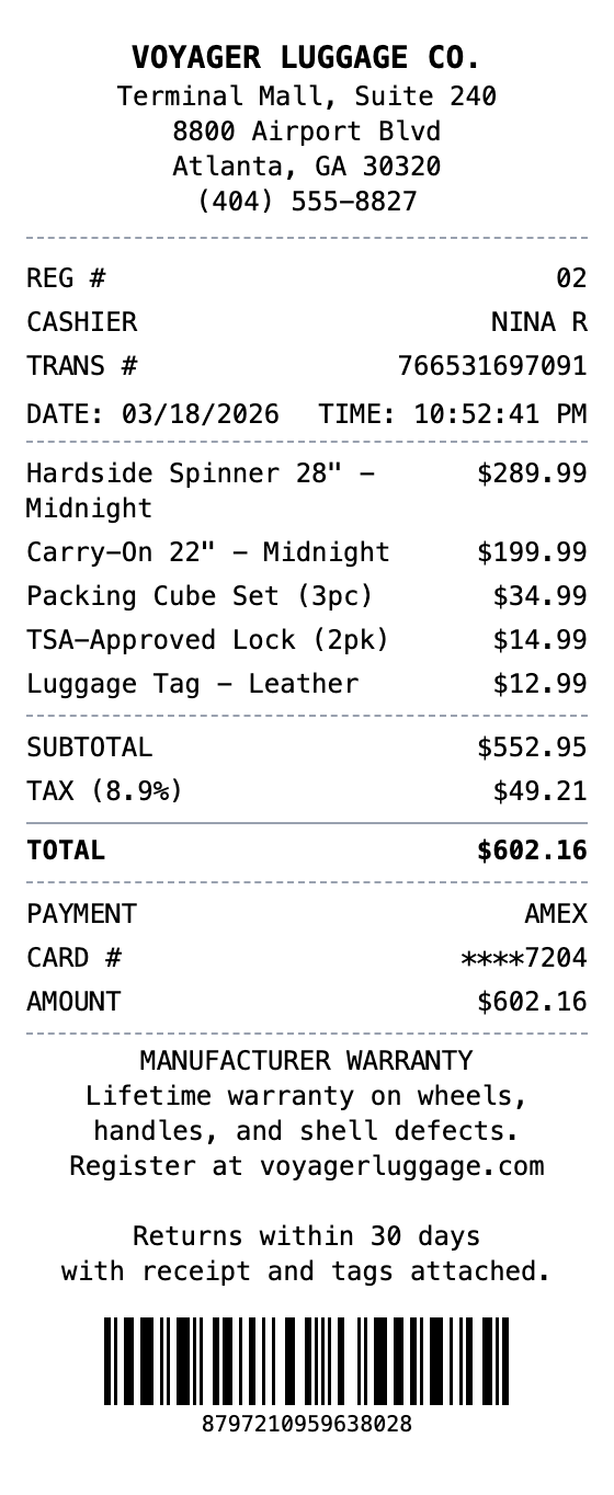 Luggage Receipt receipt template preview
